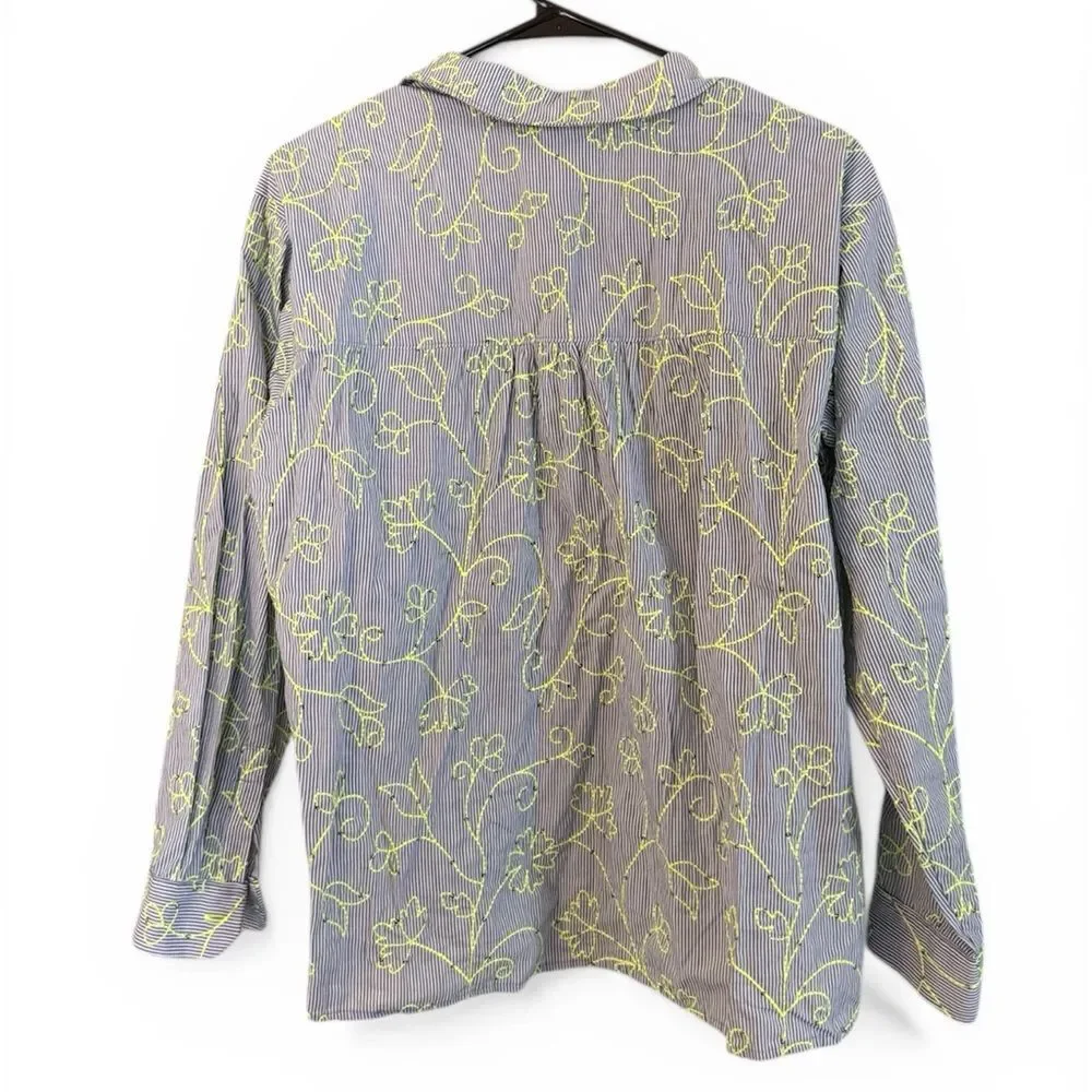 Maeve Blue Stripe Button-Front Blouse with Floral Embroidery 4 NWT